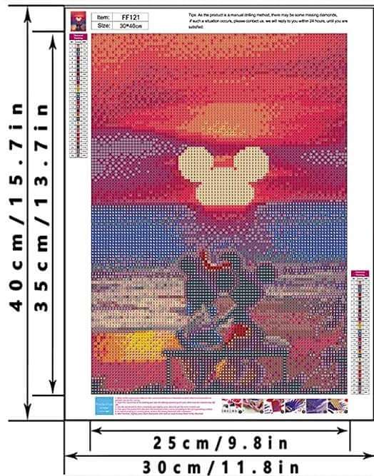 Diamond Painting Bild Mickey Mouse und Mini Mouse sitzen bei Sonnenuntergang auf einer Bank Abmessungen